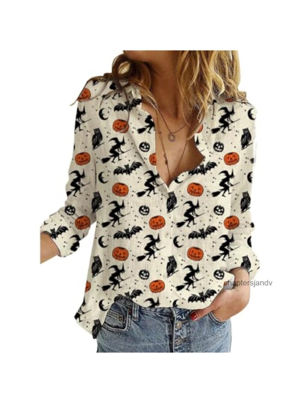 Women's Halloween V Neck Long Sleeve Button Down Shirt Fall Blouse